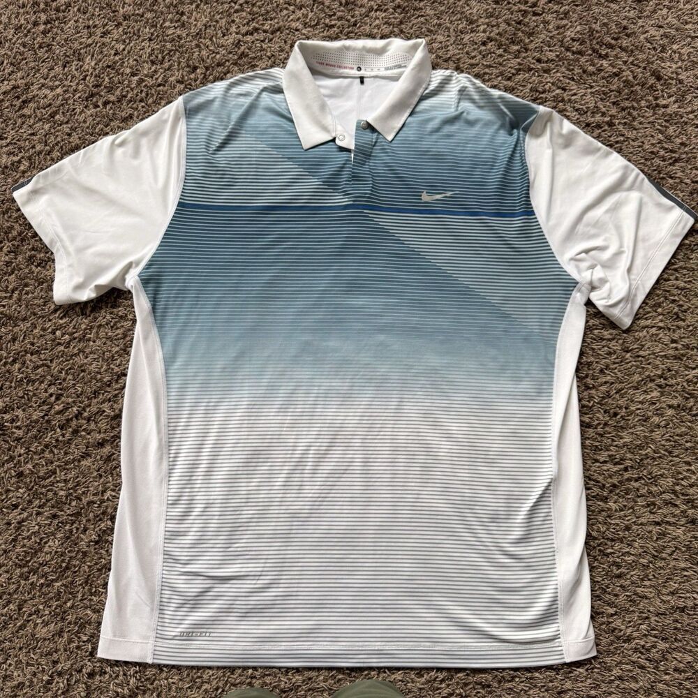 Nike Golf TW Tiger Woods Bold Stripe Polo Shirt Mens XL blue White 619755